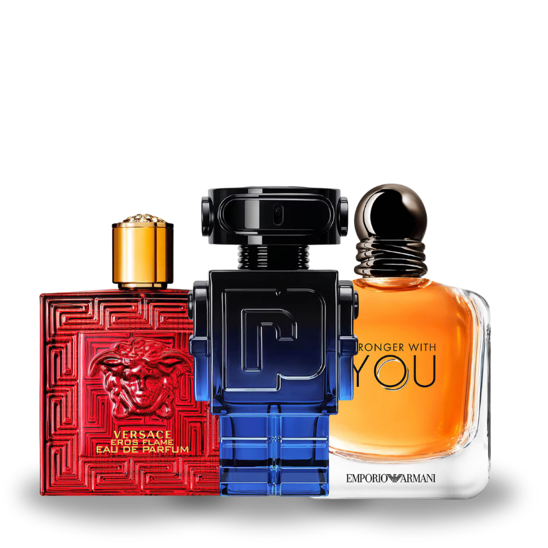 Combo de 3 Perfumes Versace Eros Flame, Rabanne Phantom Intense e Giorgio Armani Stranger With You 100ml
